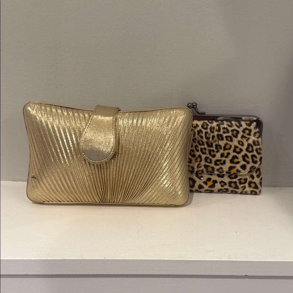 Gold Clutch & Leopard Print Wallet Bundle